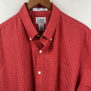 LL Bean Button Up Shirt Men Large Red Check Short Sleeve Traditional Fit 275571